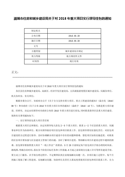 淄博市住房和城乡建设局关于对2018年重大项目实行领导挂包的通知-