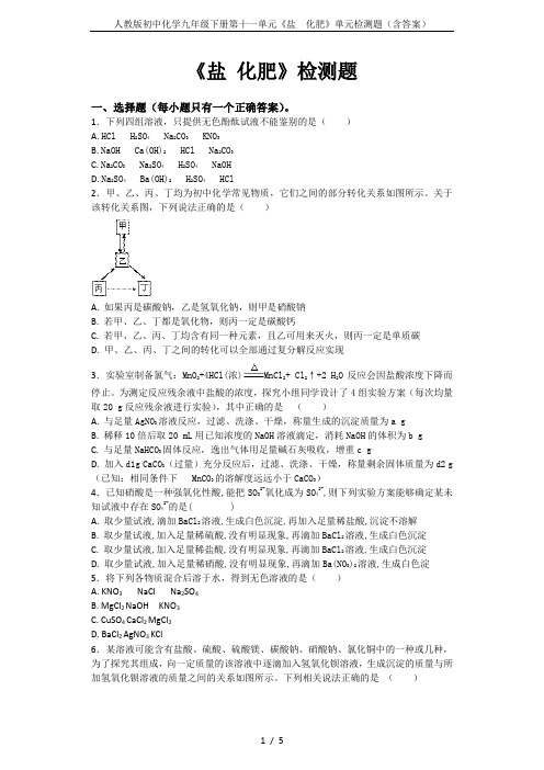 人教版初中化学九年级下册第十一单元《盐  化肥》单元检测题(含答案)