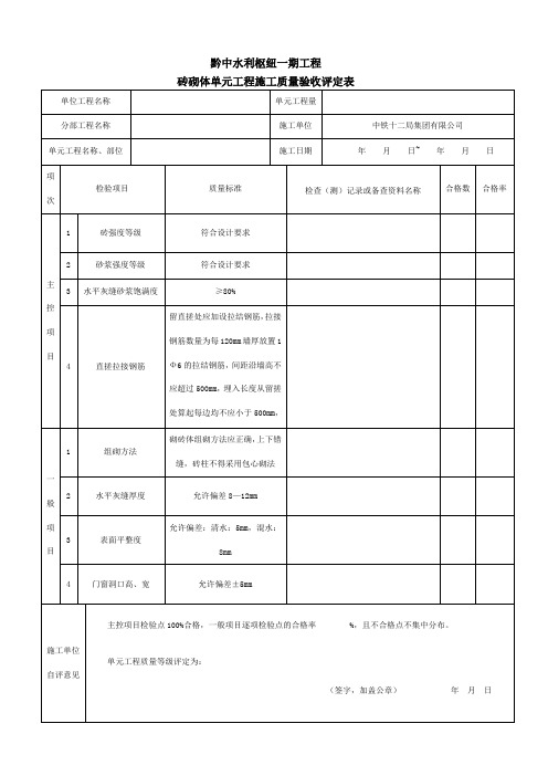 砖砌体单元工程施工质量验收评定表