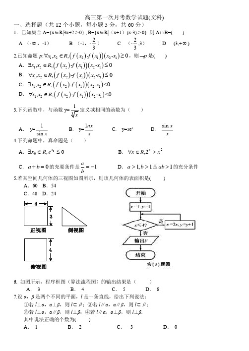 黑龙江省哈师大附中2015届高三第一次月考数学文科试题及答案