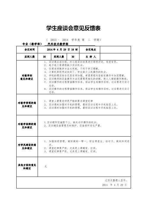 学生座谈会意见反馈表