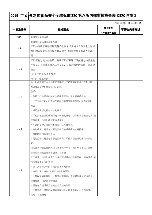 2019年最新的食品安全全球标准BRC第八版内部审核检查表【BRC内审】