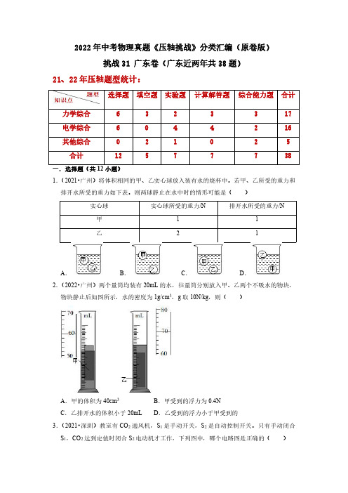 挑战31 广东卷-中考物理真题《压轴挑战》分类汇编(原卷版)