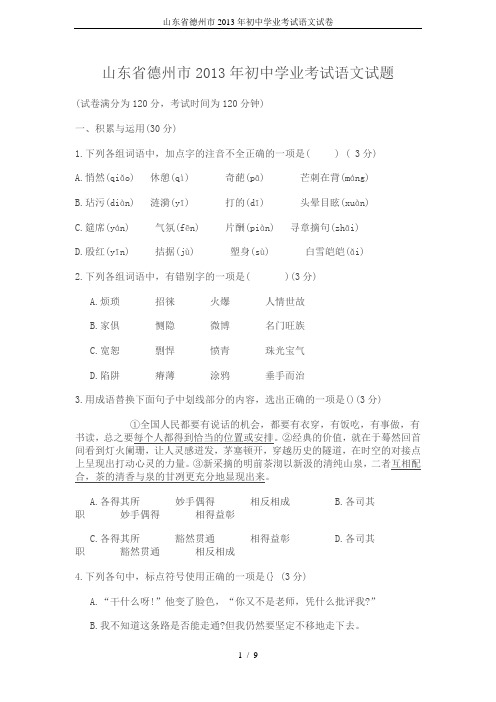 山东省德州市2013年初中学业考试语文试卷