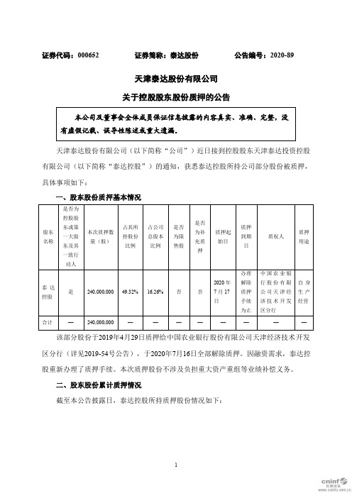 泰达股份：关于控股股东股份质押的公告