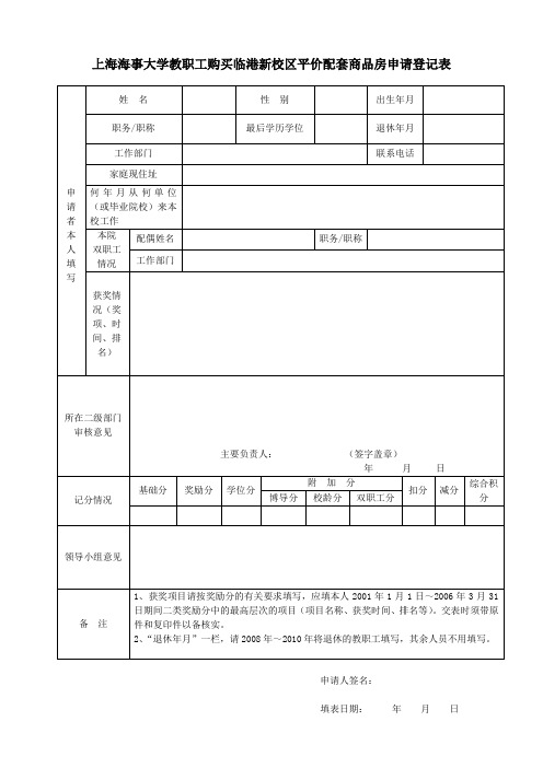 上海海事大学教职工购买临港新校区平价配套商品房申请登记表