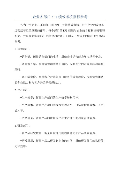 企业各部门KPI绩效考核指标参考