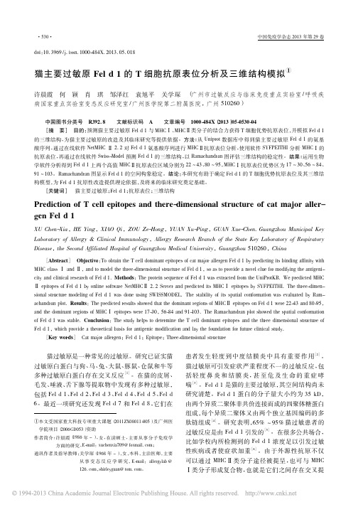 猫主要过敏原Feld1的T细胞抗原表位分析及三维结构模拟_许晨霞 (1)