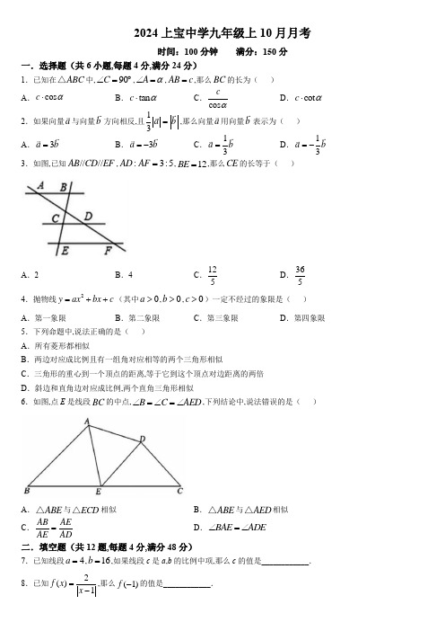 2024-2025学年上海市上宝中学九年级上学期10月月考数学试卷