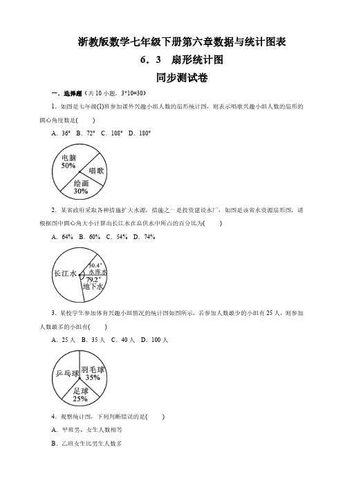 浙教版数学七年级下册第六章扇形统计图同步测试卷含参考答案