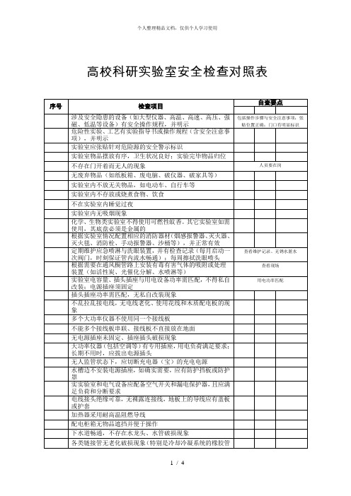 高校科研实验室安全检查对照表