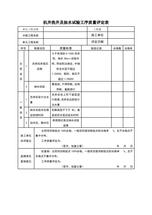 机井洗井及抽水试验工序质量评定表