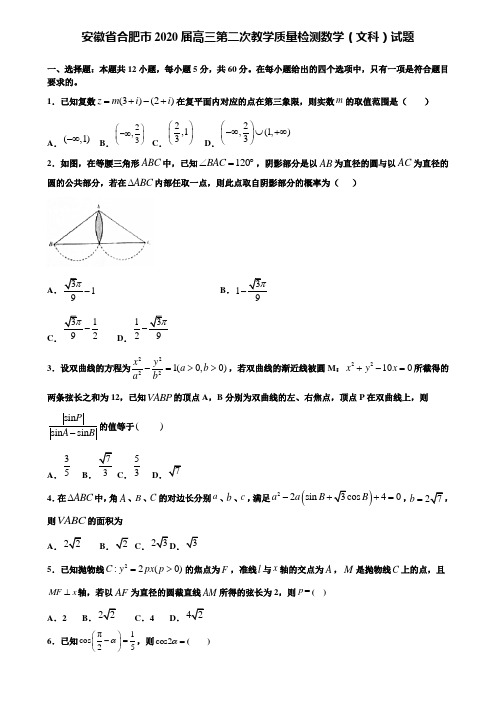 【附15套精选模拟试卷】安徽省合肥市2020届高三第二次教学质量检测数学(文科)试题含解析