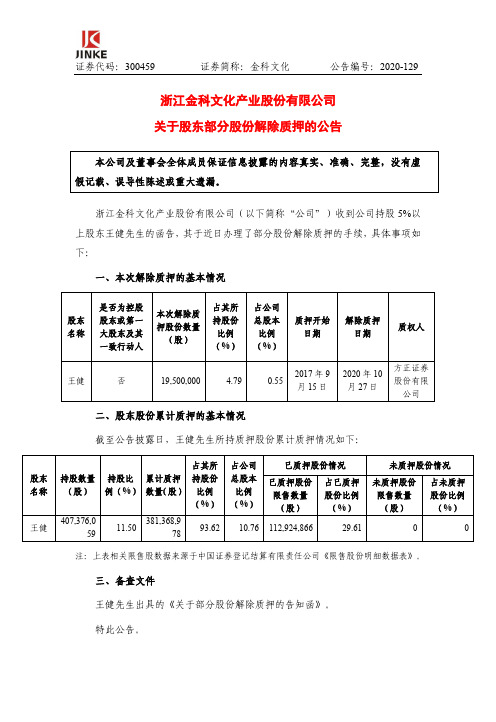 300459金科文化：关于股东部分股份解除质押的公告