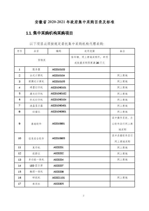 安徽省2020-2021年政府集中采购目录及标准