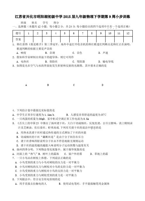 九年级物理下学期第9周小步训练苏科版