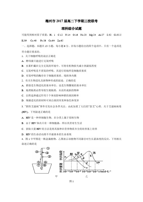 广东省梅州市三校(高级、蕉岭、虎山)15—16学年下学期高二第一次联考理综试题(附答案)$674629