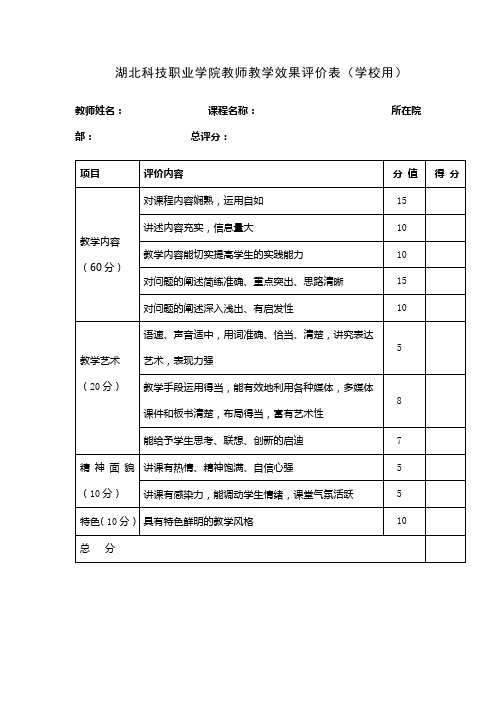 湖北科技职业学院教师教学效果评价表(学校用)【模板】