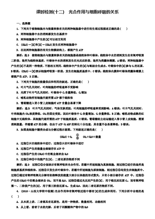 2019届高考全国卷人教版生物一轮复习课时检测(十二) 光合作用与细胞呼吸的关系 Word版含解析-