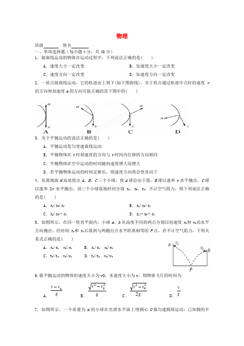 吉林省汪清县第六中学高一物理下学期第一次月考试题(无答案)