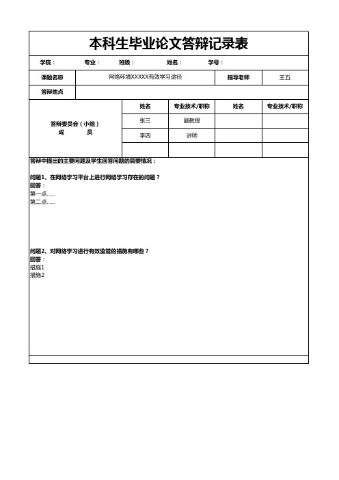 本科生毕业论文答辩记录表