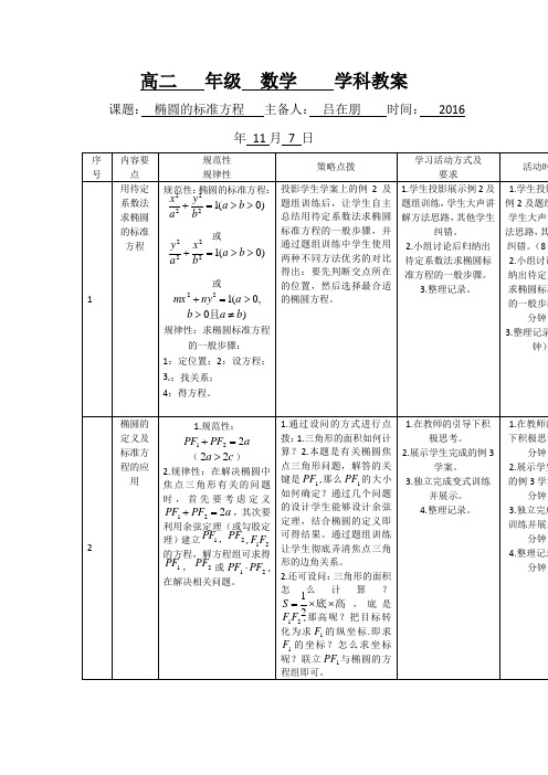 江苏省新马高级中学2016-2017学年高二数学苏教版选修1-1:2.2 椭圆的标准方程说明性学案