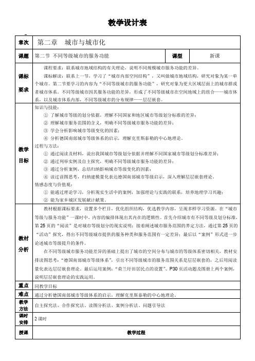 人教版高中地理必修二教案设计：2.2不同等级城市的服务功能