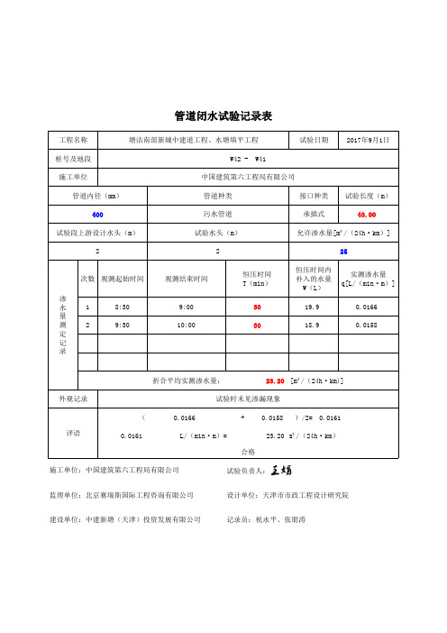 管道闭水试验记录