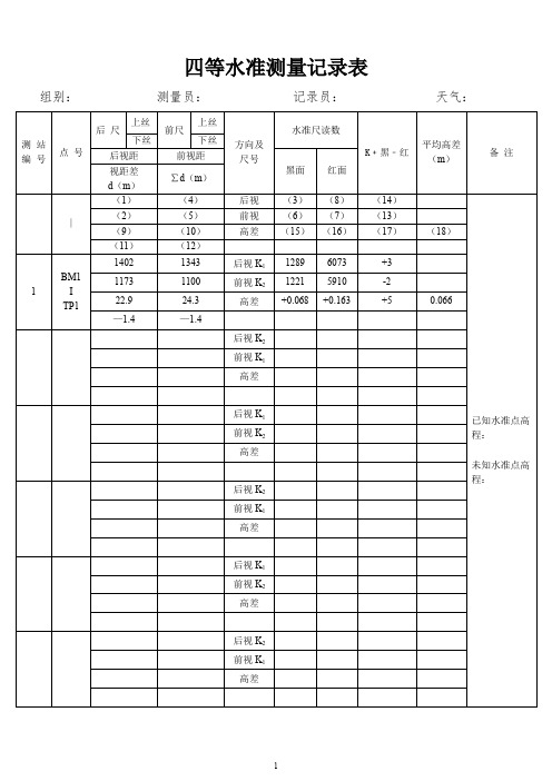 四等水准测量记录表(包含示例数据)