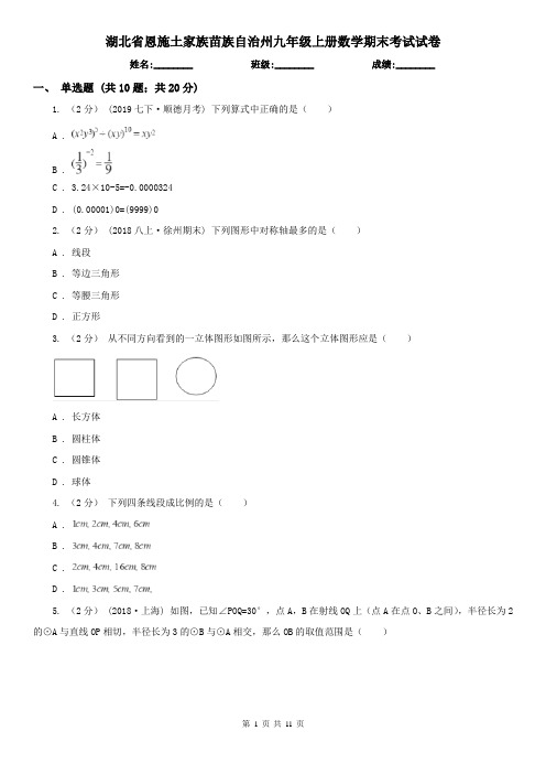 湖北省恩施土家族苗族自治州九年级上册数学期末考试试卷