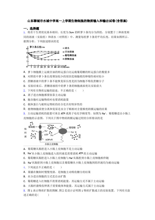 山东聊城市水城中学高一上学期生物细胞的物质输入和输出试卷(含答案)