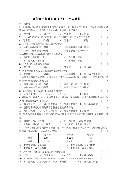 九年级生物练习题七  泌尿系统