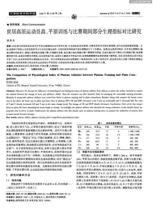 世居高原运动员高、平原训练与比赛期间部分生理指标对比研究