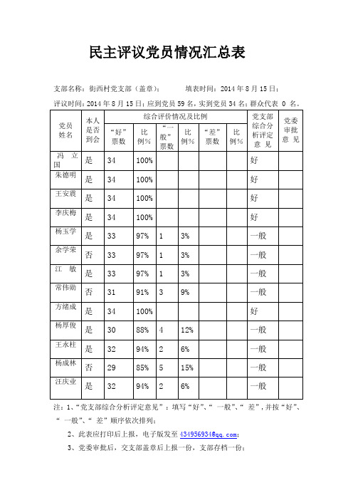 民主评议党员汇总表