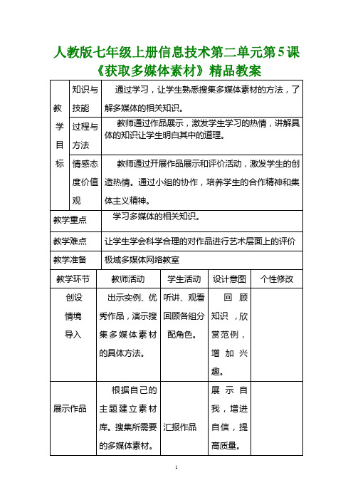 人教版七年级上册信息技术第二单元第5课《获取多媒体素材》精品教案