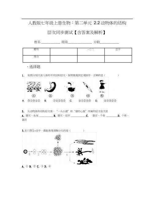 人教版七年级上册生物：第二单元2.2动物体的结构层次同步测试【含答案及解析】