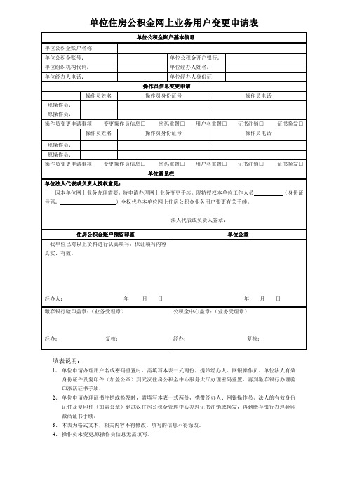 单位住房公积金网上业务用户变更申请表