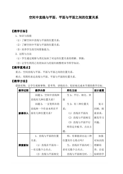 空间中直线与平面之间的位置关系精品教学设计