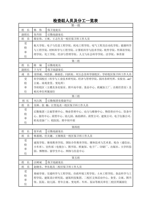 检查组人员及分工一览表