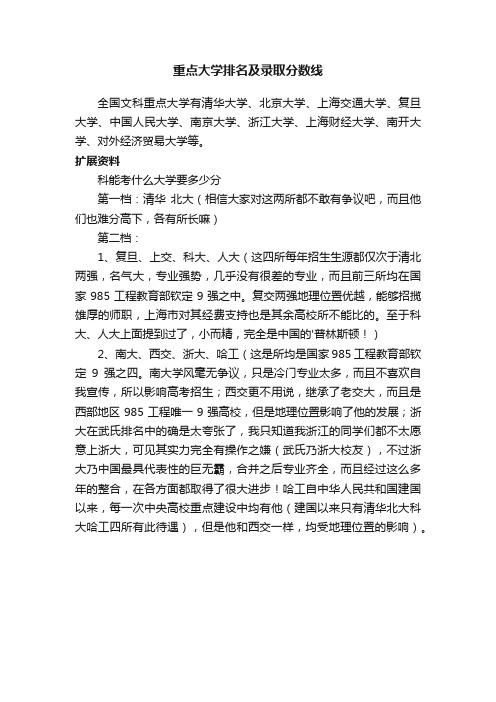 重点大学排名及录取分数线