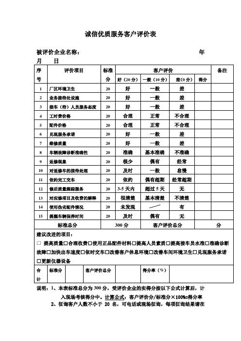 诚信优质服务客户评价表