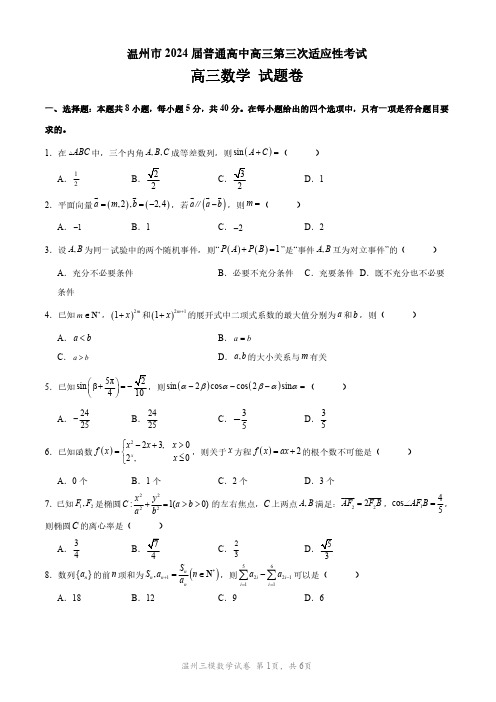 2024届浙江省温州市普通高中高三第三次适应性考试(温州三模)数学试卷(含答案详解)