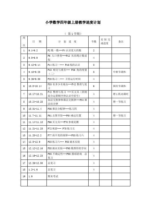 最新人教版四年级数学上册教学进度表