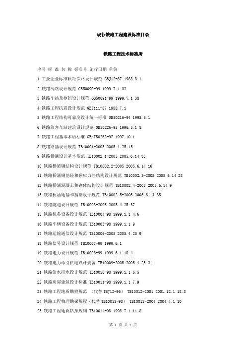 现行铁路工程建设标准目录