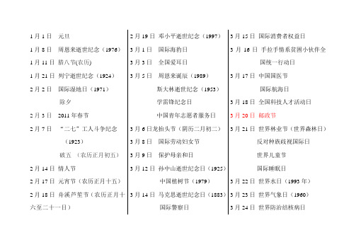 2011年重要节日纪念日