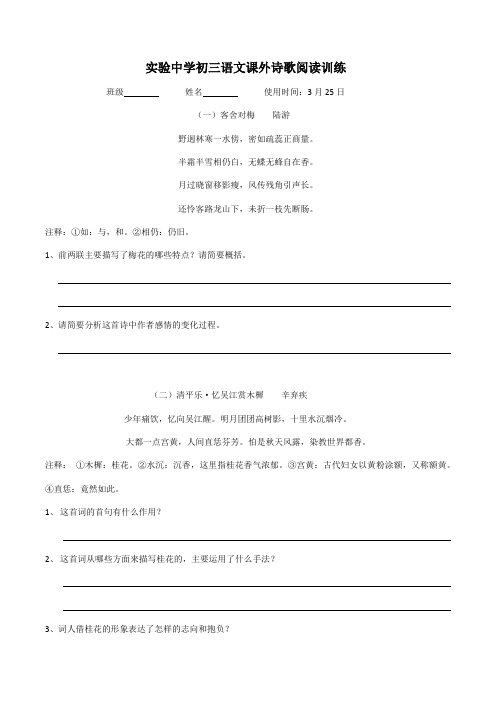 江苏省宜兴市实验中学2020年初三语文中考复习：课外诗歌阅读训练及答案