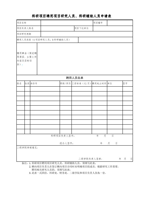 科研项目聘用项目研究人员、科研辅助人员申请表