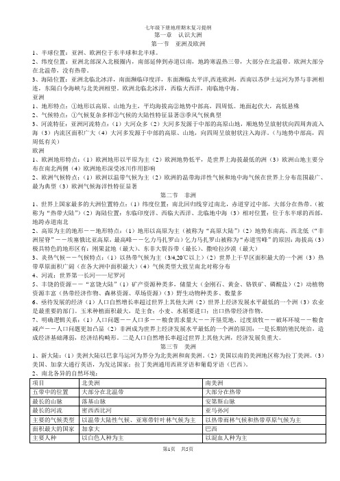 湘教版七年级地理下册复习提纲