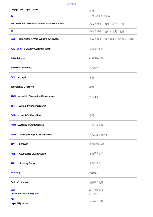 品质管理中英文对照表