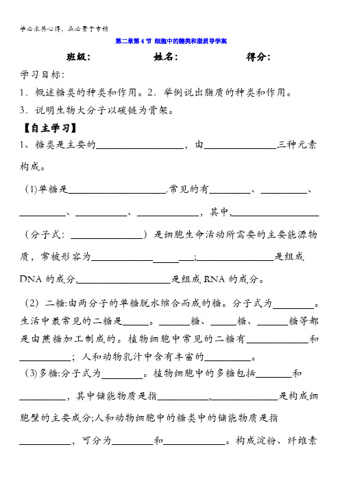 云南省德宏州梁河县第一中学高中生物一：第二章第四节糖类和脂质学案缺答案